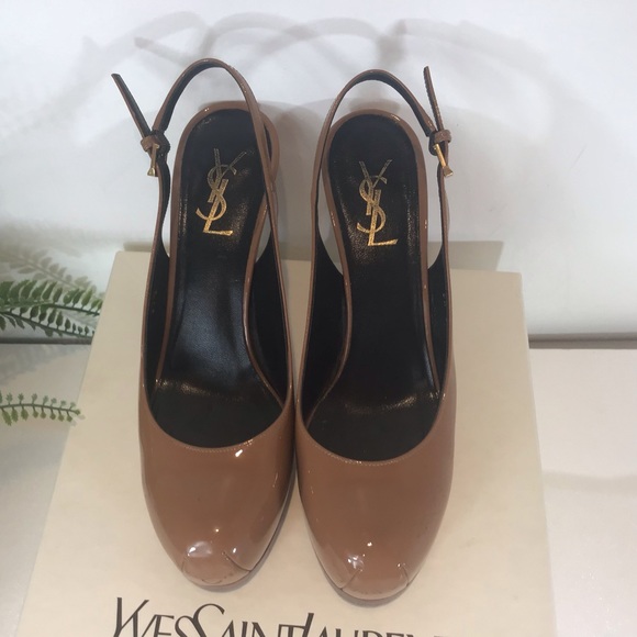 YVES SAINT LAURENT VITELLO VERN PATENT LEATHER SLINGBACK STILETTO HEELS NUDE 7.5 - Picture 4 of 16